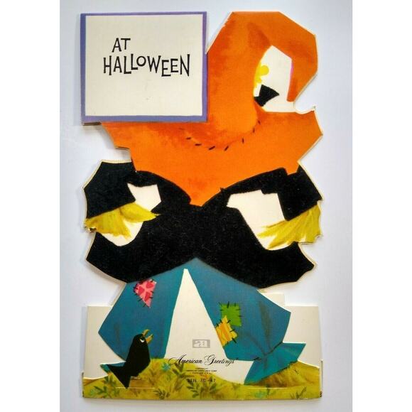 Vintage Halloween Greeting Card Flocked Diecut Standup Scarecrow & Black Bird - Picture 3 of 8
